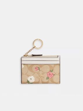 NWT Coach Mini Skinny ID Case Signature Canvas w/ Floral, Khaki Chalk Multi/Gold